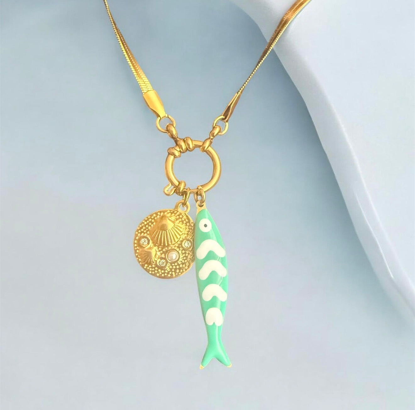 Gold Plated Turquoise Tide Fish Charm Necklace