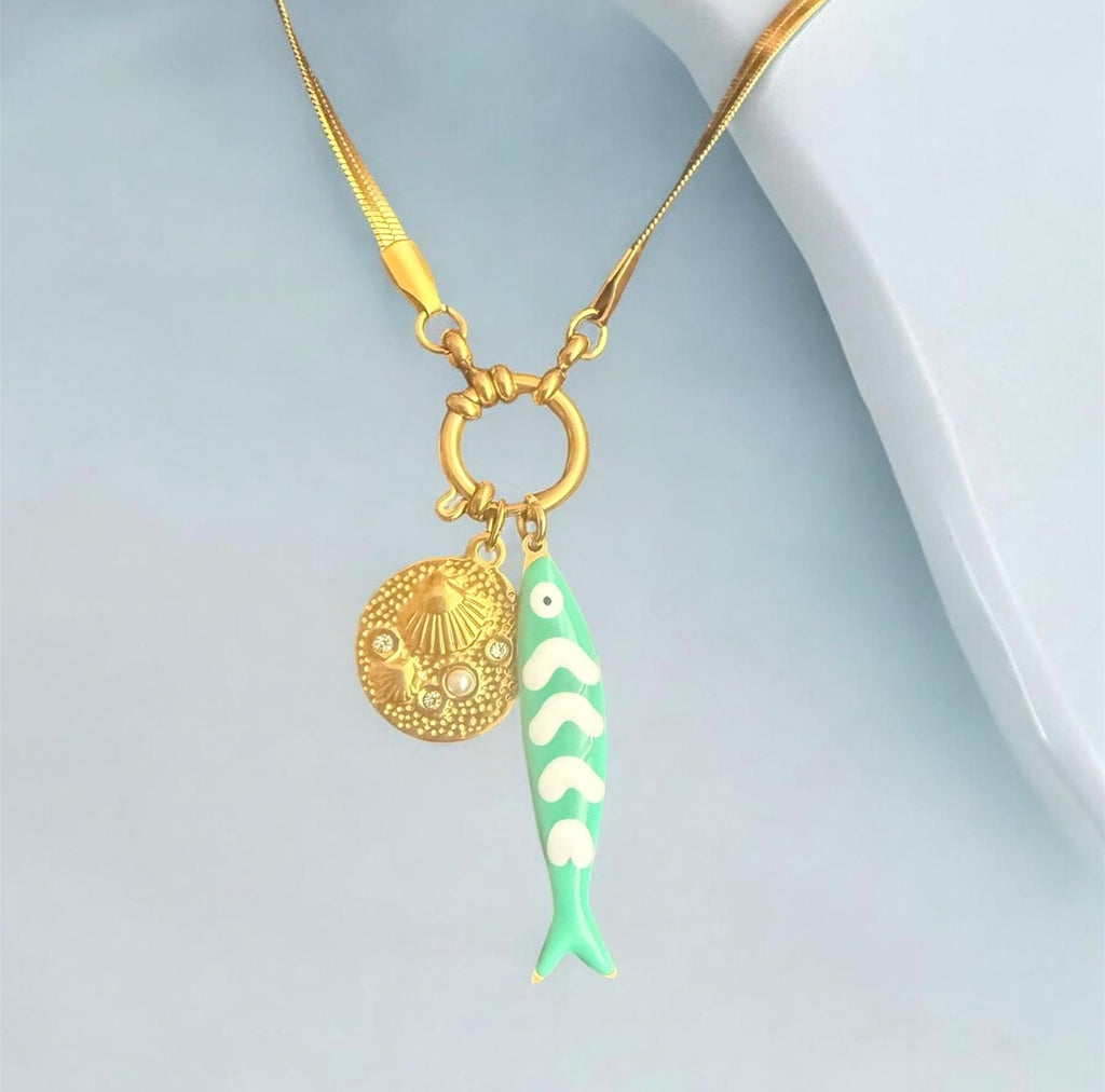 Gold Plated Turquoise Tide Fish Charm Necklace