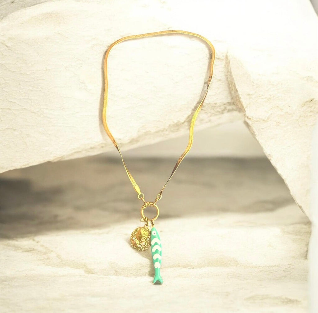 Gold Plated Turquoise Tide Fish Charm Necklace