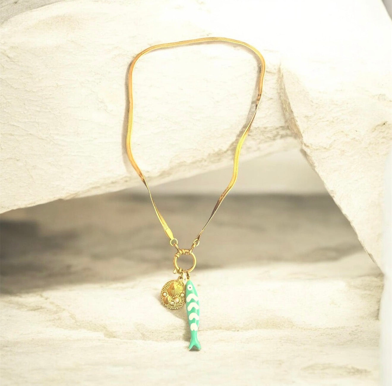 Gold Plated Turquoise Tide Fish Charm Necklace